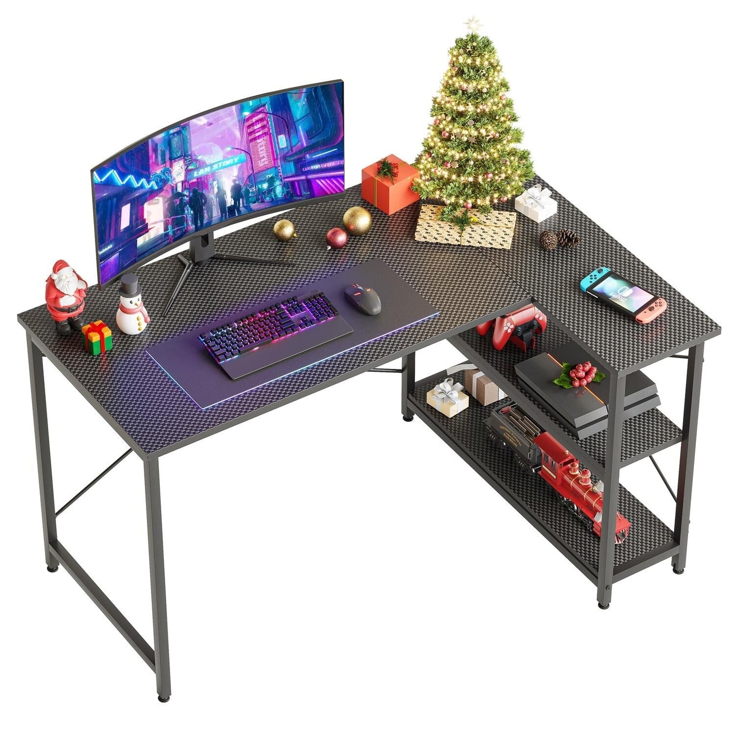 Petit bureau d'angle en forme de L avec étagères de rangement