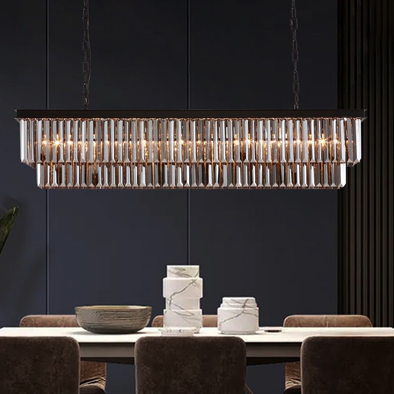 Lustre contemporain en cristal gris fumé et noir de 47 po, design linéaire à deux niveaux, luminaire suspendu pour îlot de cuisine et salle à manger.