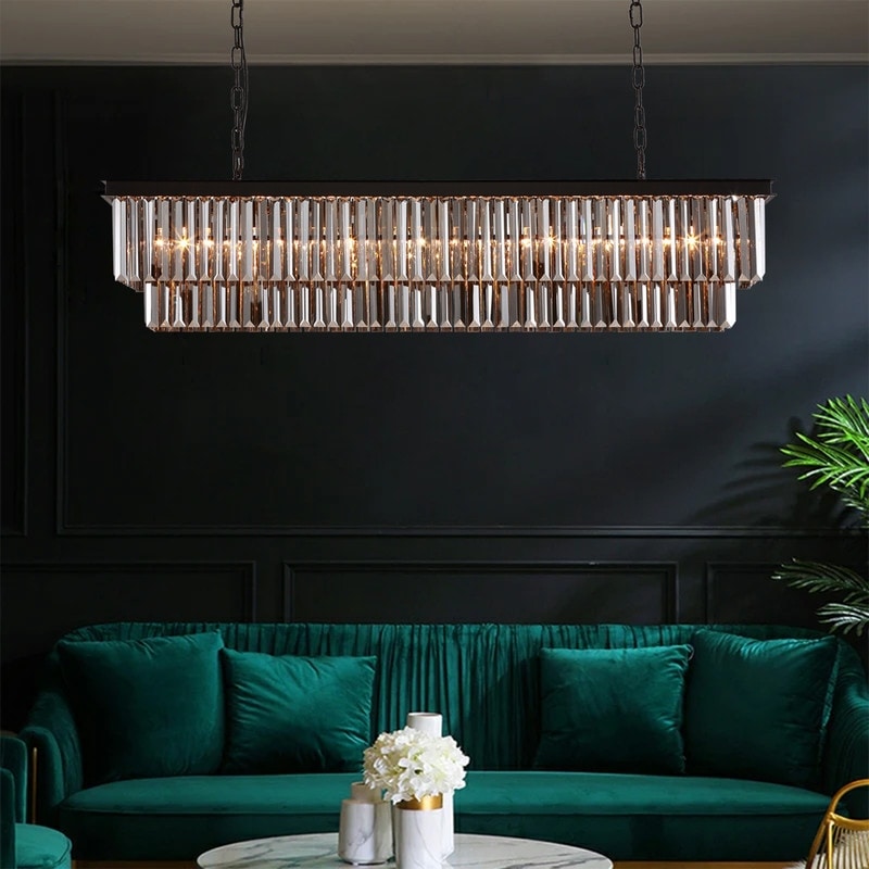 Lustre contemporain en cristal gris fumé et noir de 47 po, design linéaire à deux niveaux, luminaire suspendu pour îlot de cuisine et salle à manger.