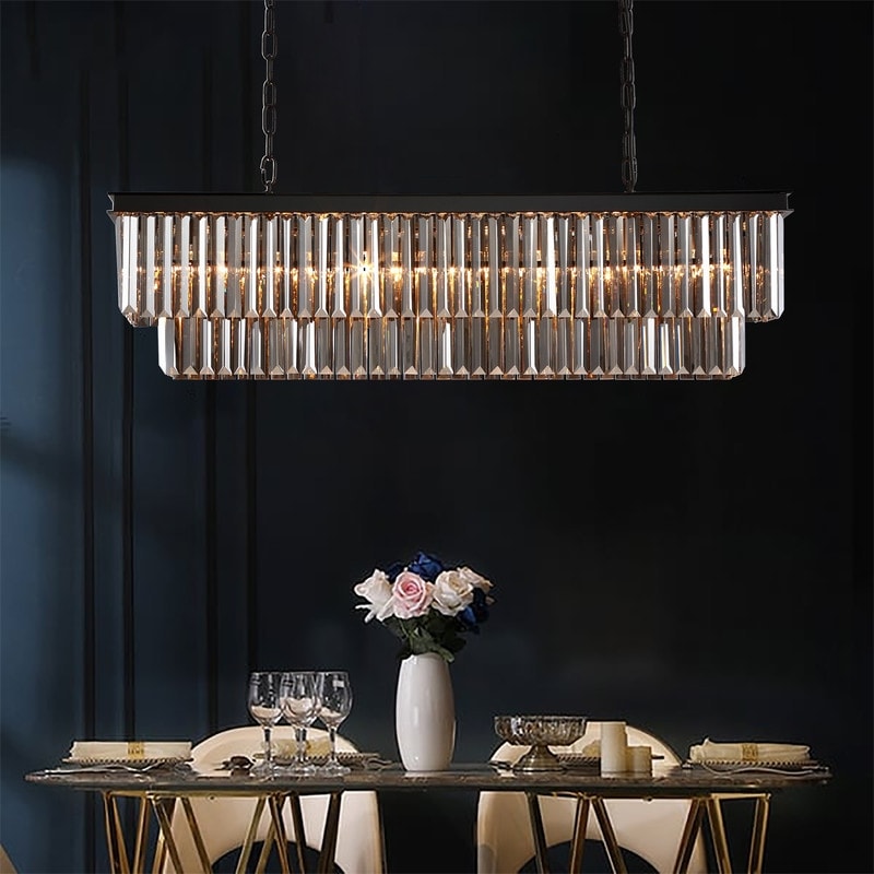 Lustre contemporain en cristal gris fumé et noir de 47 po, design linéaire à deux niveaux, luminaire suspendu pour îlot de cuisine et salle à manger.