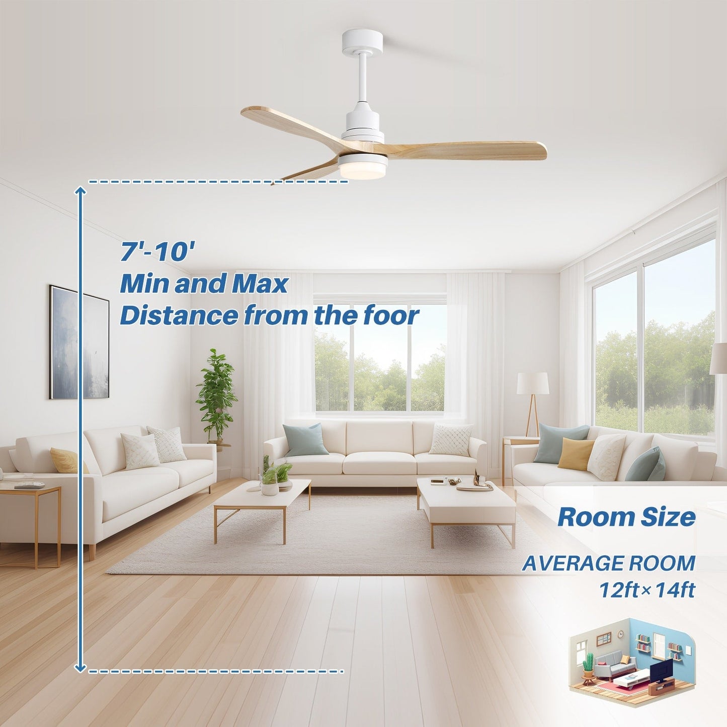 Ventilateur de plafond d'intérieur Sofucor 52 en bois avec éclairage intégré et télécommande (en option).