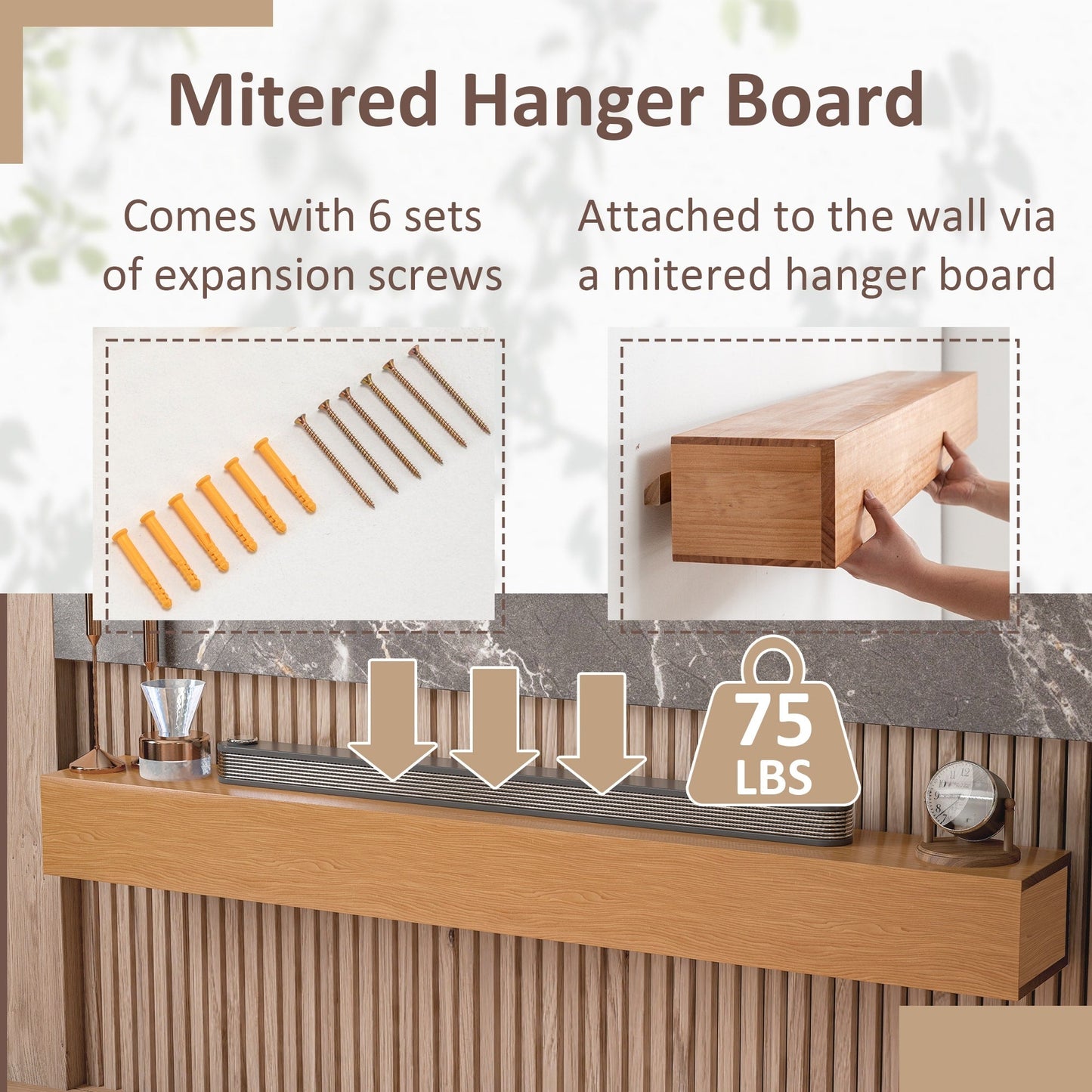 Cheminée murale en pin massif avec étagère flottante