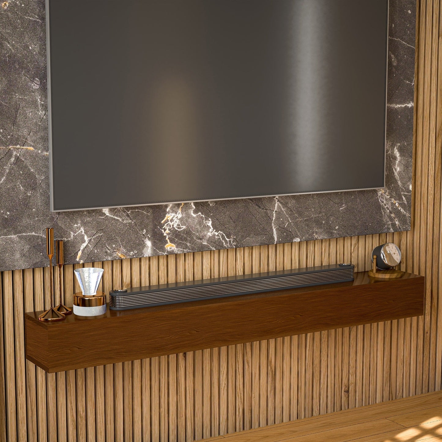 Cheminée murale en pin massif avec étagère flottante