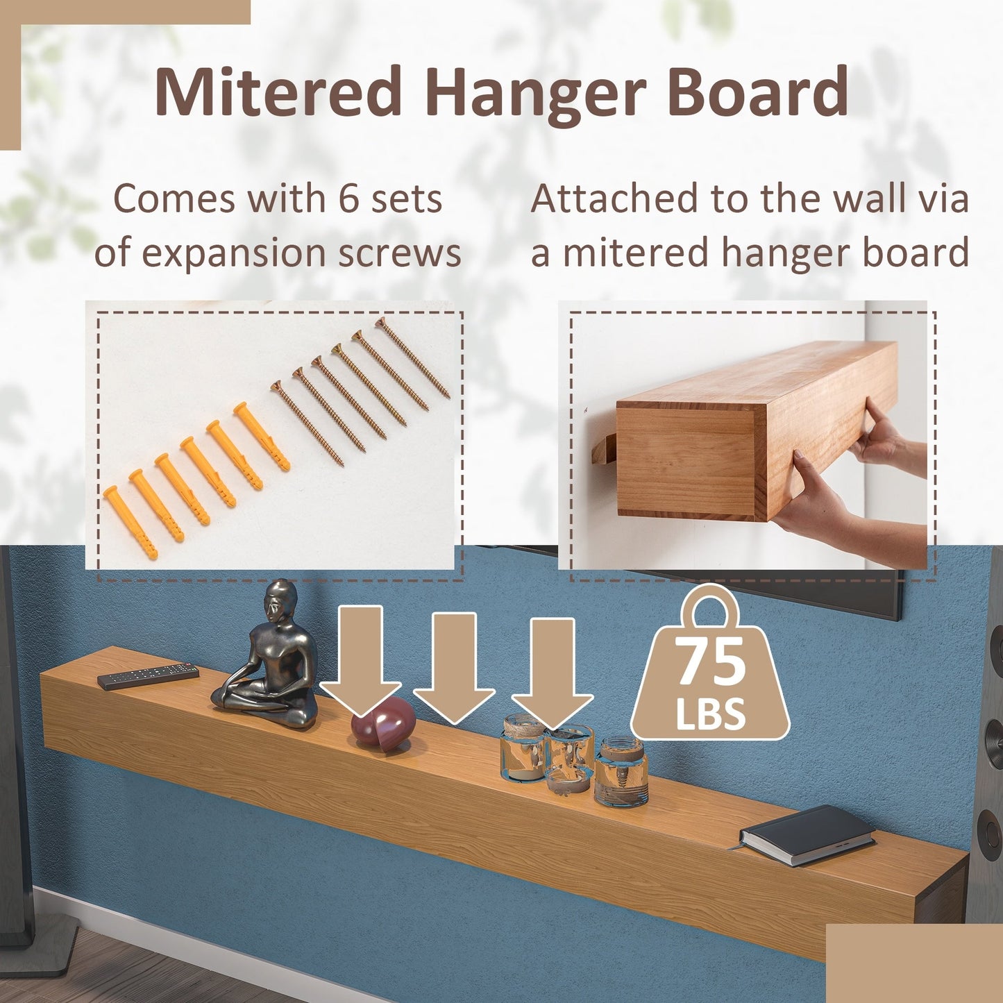 Cheminée murale en pin massif avec étagère flottante