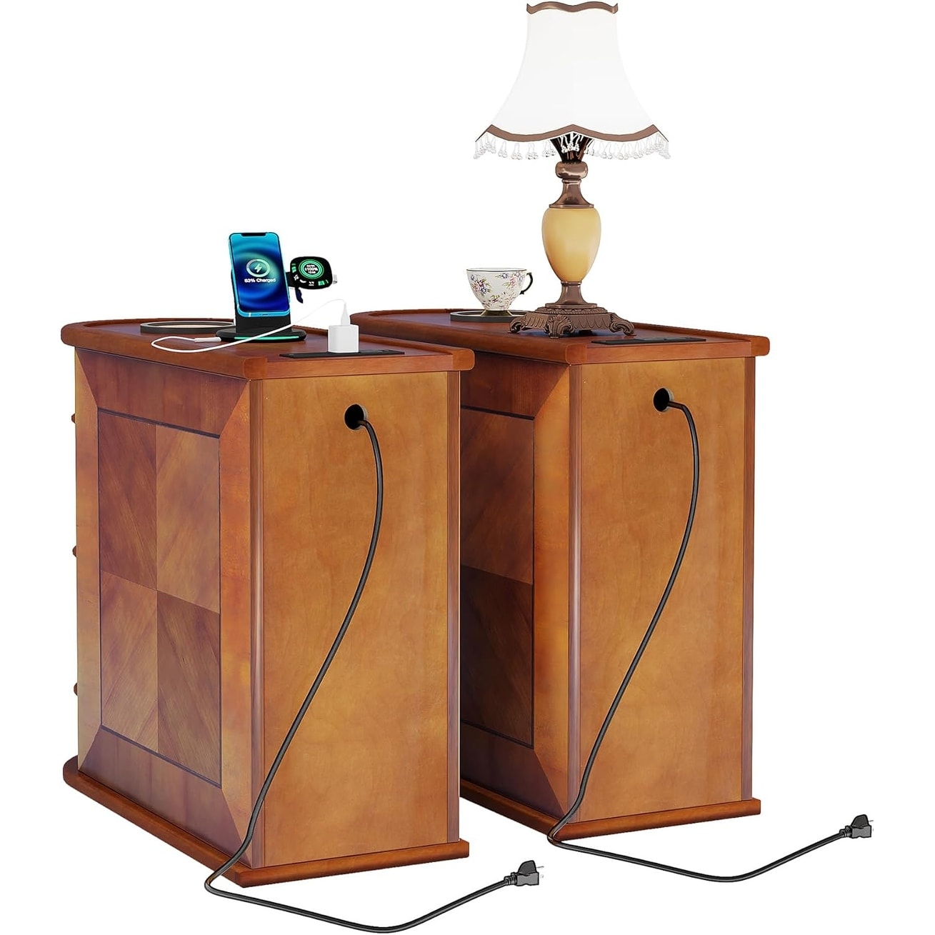 Table d'appoint en bois massif, table d'appoint étroite à deux tiroirs