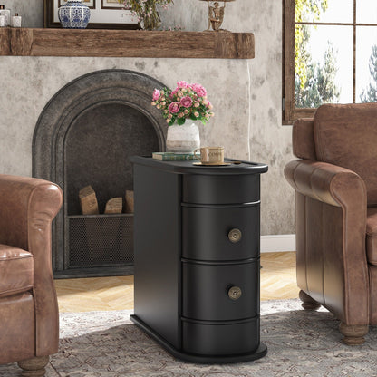 Table d'appoint en bois massif, table d'appoint étroite à deux tiroirs