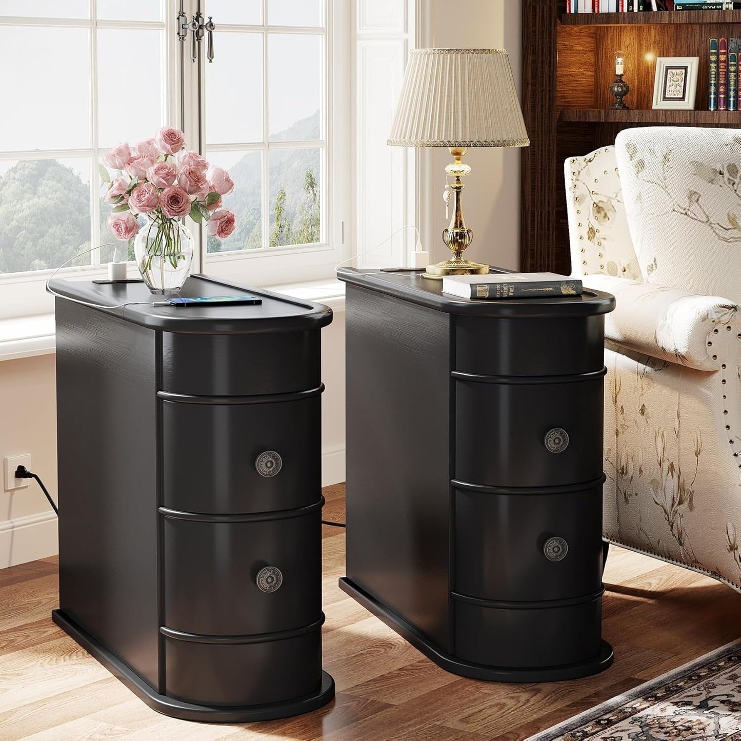 Table d'appoint en bois massif, table d'appoint étroite à deux tiroirs