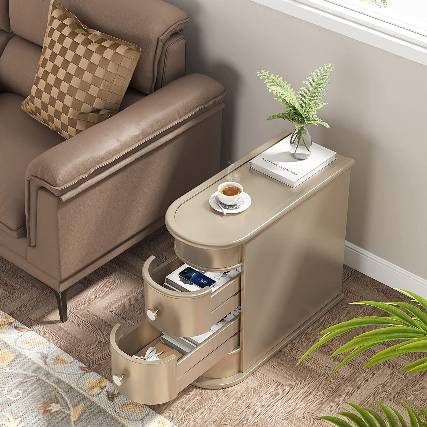 Table d'appoint en bois massif, table d'appoint étroite à deux tiroirs