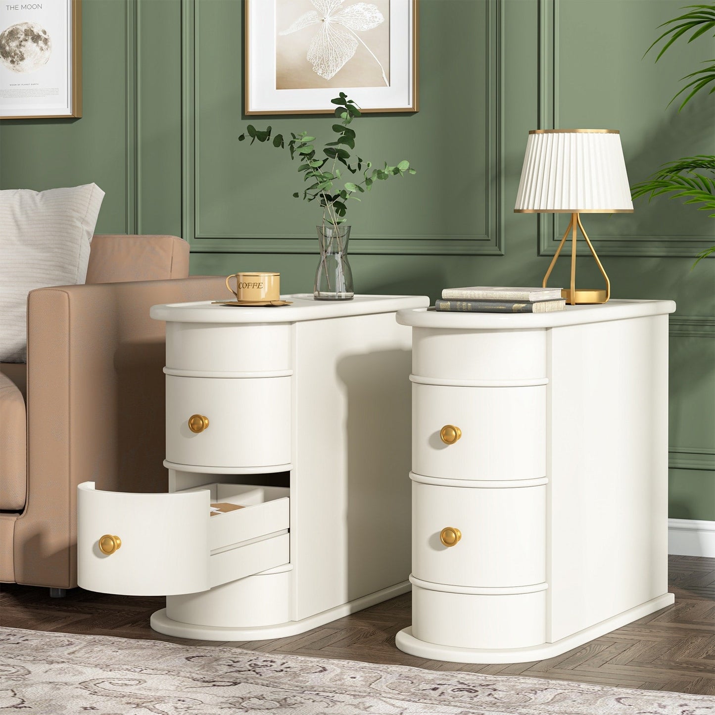 Table d'appoint en bois massif, table d'appoint étroite à deux tiroirs