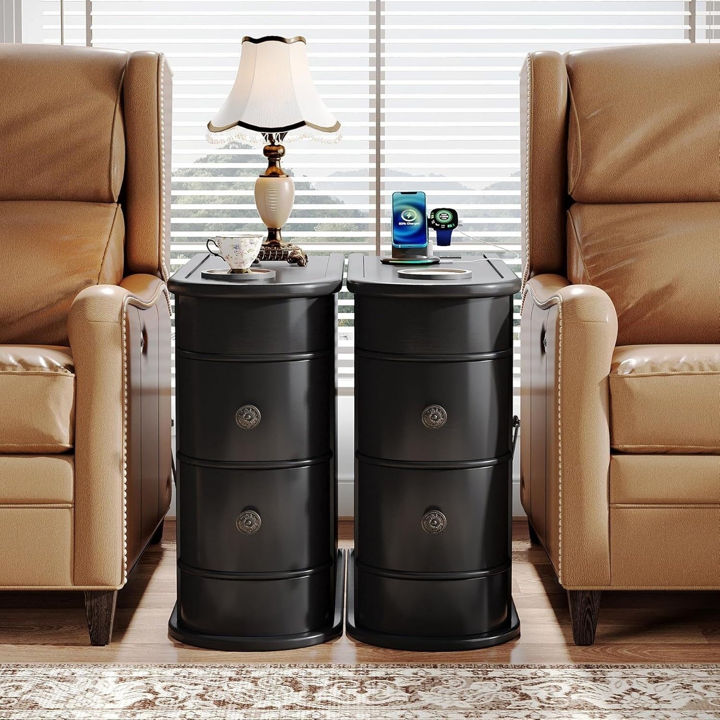 Table d'appoint en bois massif, table d'appoint étroite à deux tiroirs