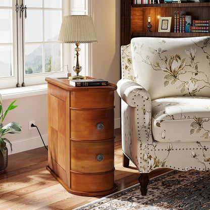 Table d'appoint en bois massif, table d'appoint étroite à deux tiroirs