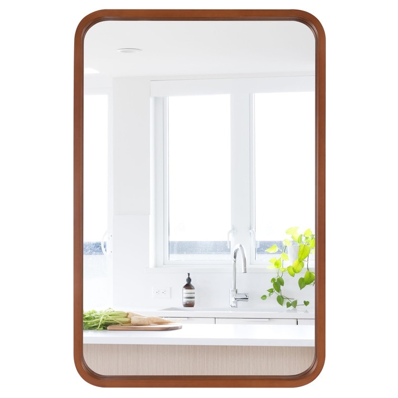 Miroir mural rectangulaire à coins arrondis de style ferme avec cadre en bois massif