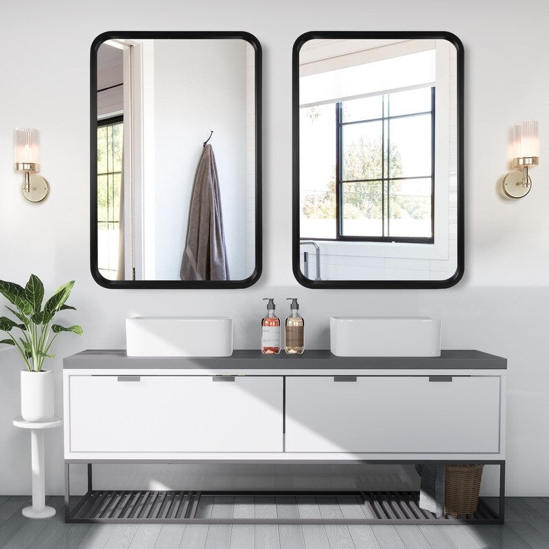 Miroir mural rectangulaire à coins arrondis de style ferme avec cadre en bois massif