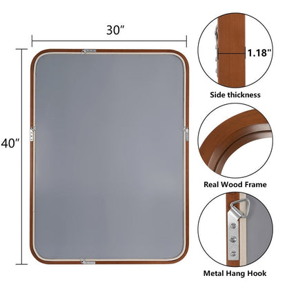 Miroir mural rectangulaire à coins arrondis de style ferme avec cadre en bois massif