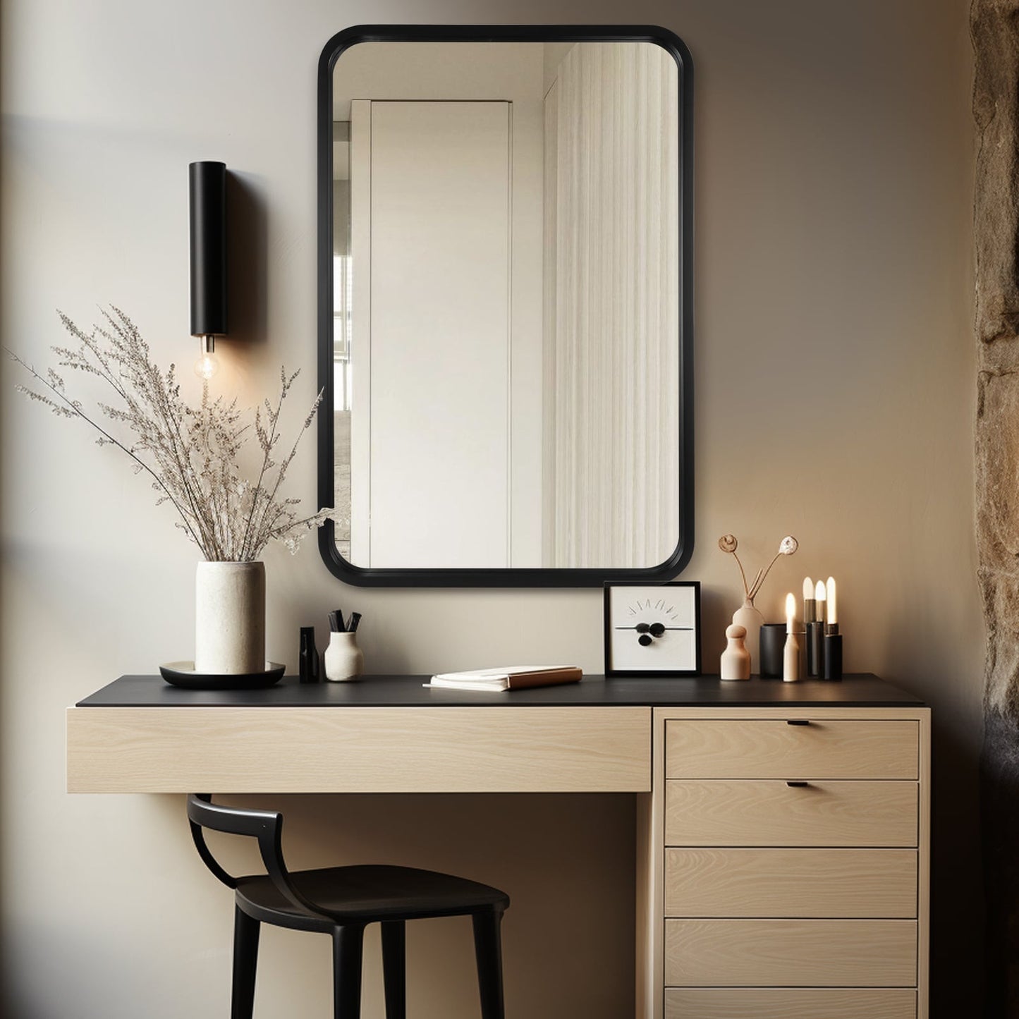 Miroir mural rectangulaire à coins arrondis de style ferme avec cadre en bois massif