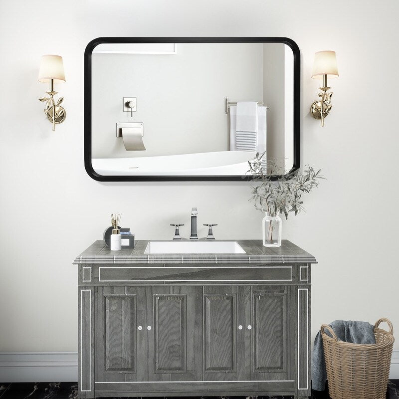 Miroir mural rectangulaire à coins arrondis de style ferme avec cadre en bois massif