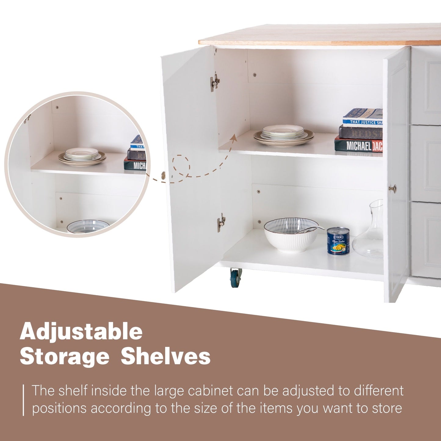 Chariot de cuisine Sophia &amp; William avec plateau rabattable en bois d'hévéa, chariot de cuisine roulant avec grand meuble de rangement