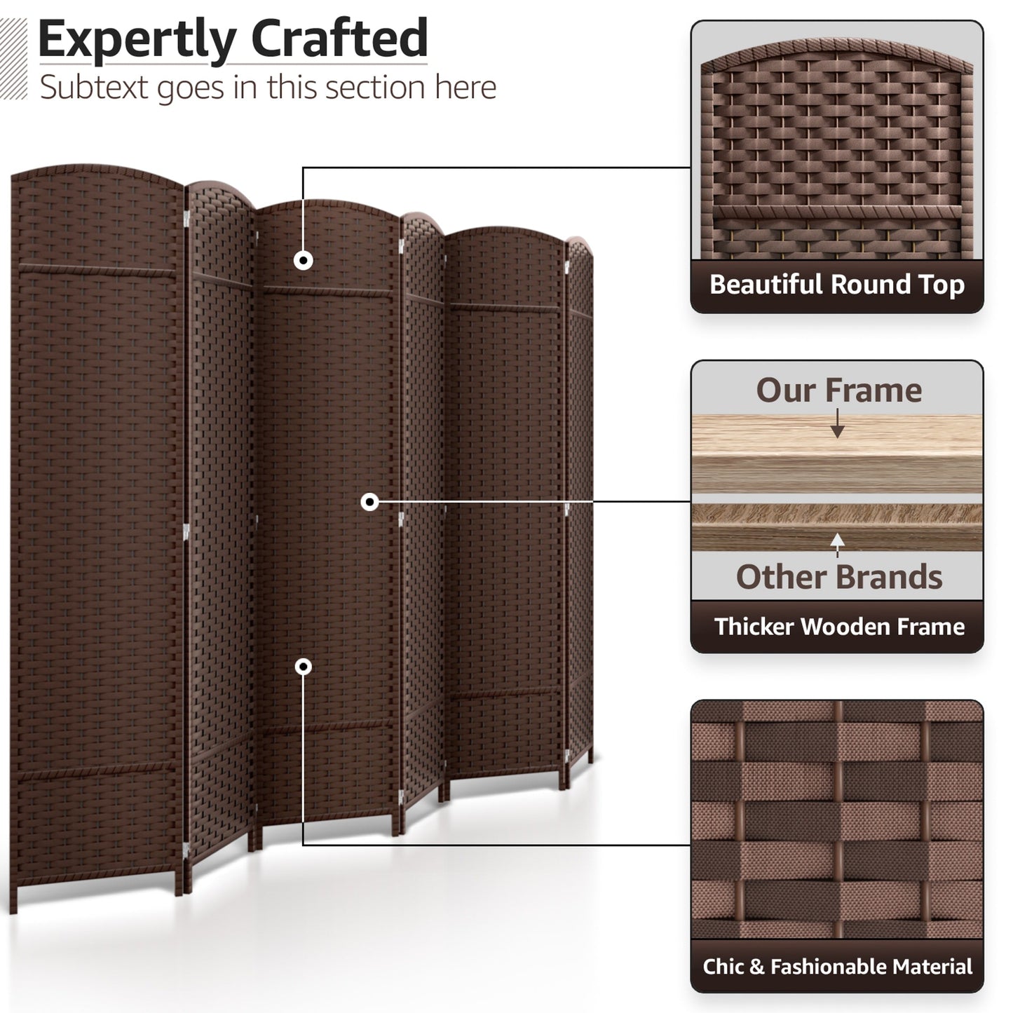 Paravent Sorbus à 6 panneaux, cloison de séparation haute et extra large, à double charnière, en maille tissée à la main, pliable - 1,83 m