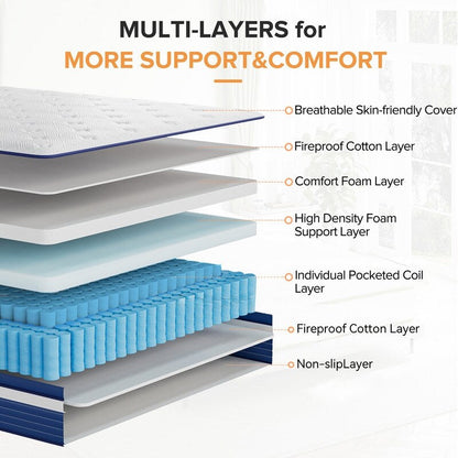 Matelas SweDrea à ressorts ensachés hybride de 25 cm (10 po) soulageant la pression et rafraîchissant, certifié CertiPUR-US, SGS et OEKO-TEX.