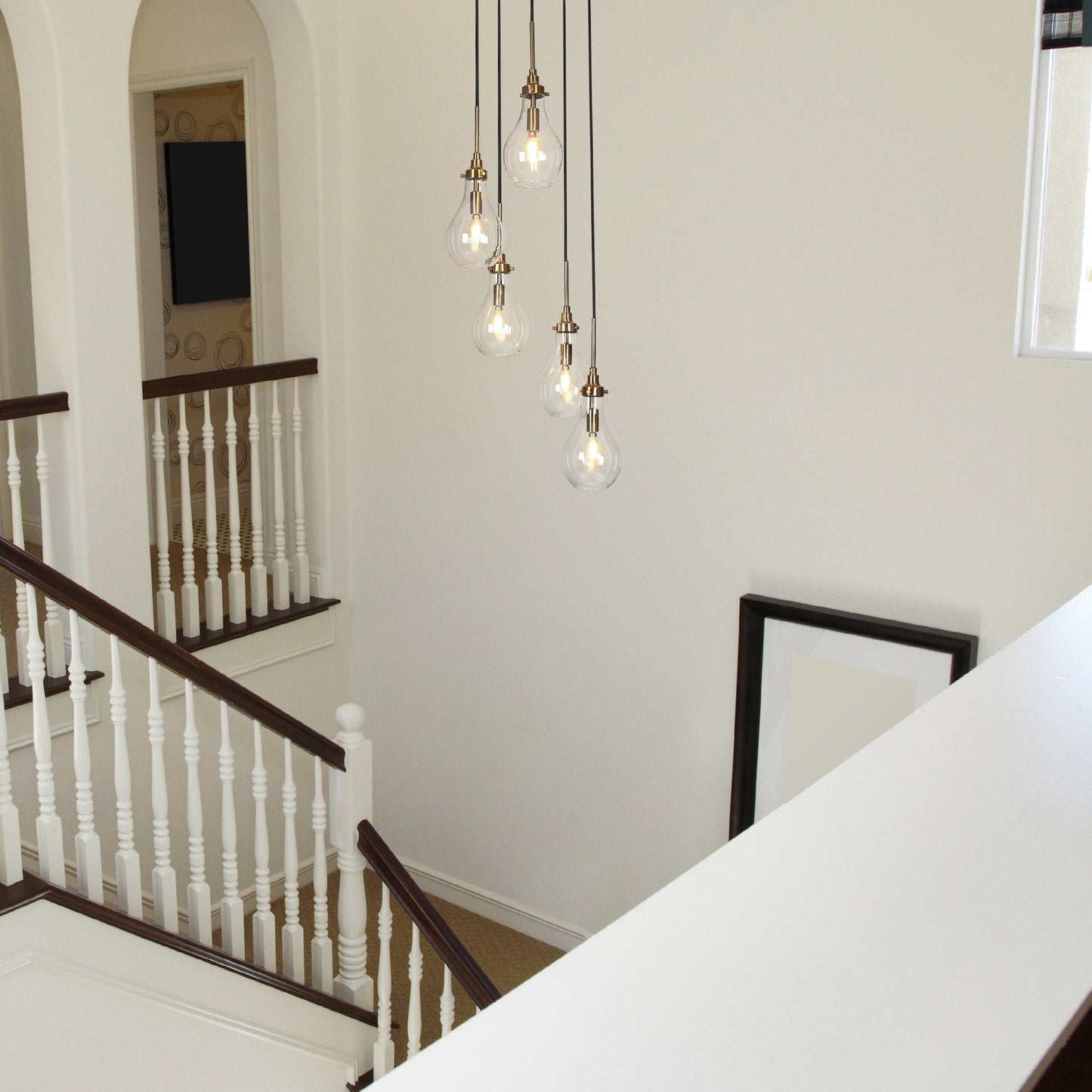 Lustre moderne Synia à 5 lumières en verre en forme de larme, suspension pour escalier ou entrée, pour plafonds hauts - D15'' x H18,2-74,2''