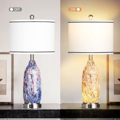 Lampe de table avec veilleuse 2 en 1, corps de lampe en verre indigo, ports de chargement, prise secteur, abat-jour cylindrique, interrupteur tactile à variation d'intensité (lot de 2)