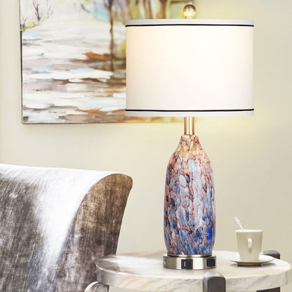 Lampe de table avec veilleuse 2 en 1, corps de lampe en verre indigo, ports de chargement, prise secteur, abat-jour cylindrique, interrupteur tactile à variation d'intensité (lot de 2)