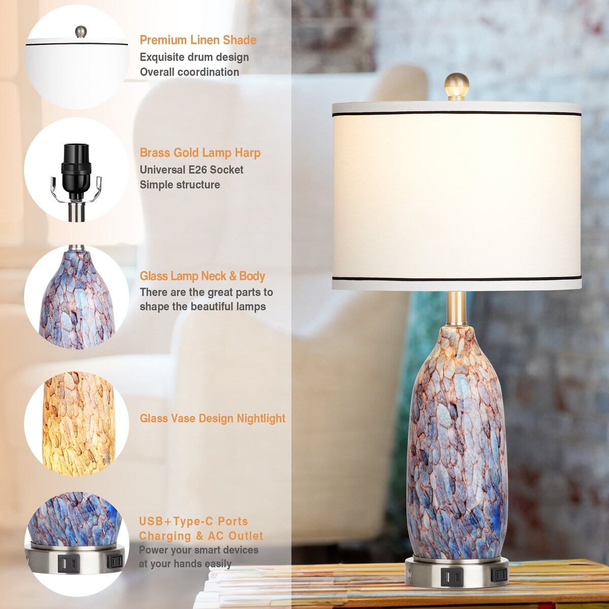 Lampe de table avec veilleuse 2 en 1, corps de lampe en verre indigo, ports de chargement, prise secteur, abat-jour cylindrique, interrupteur tactile à variation d'intensité (lot de 2)