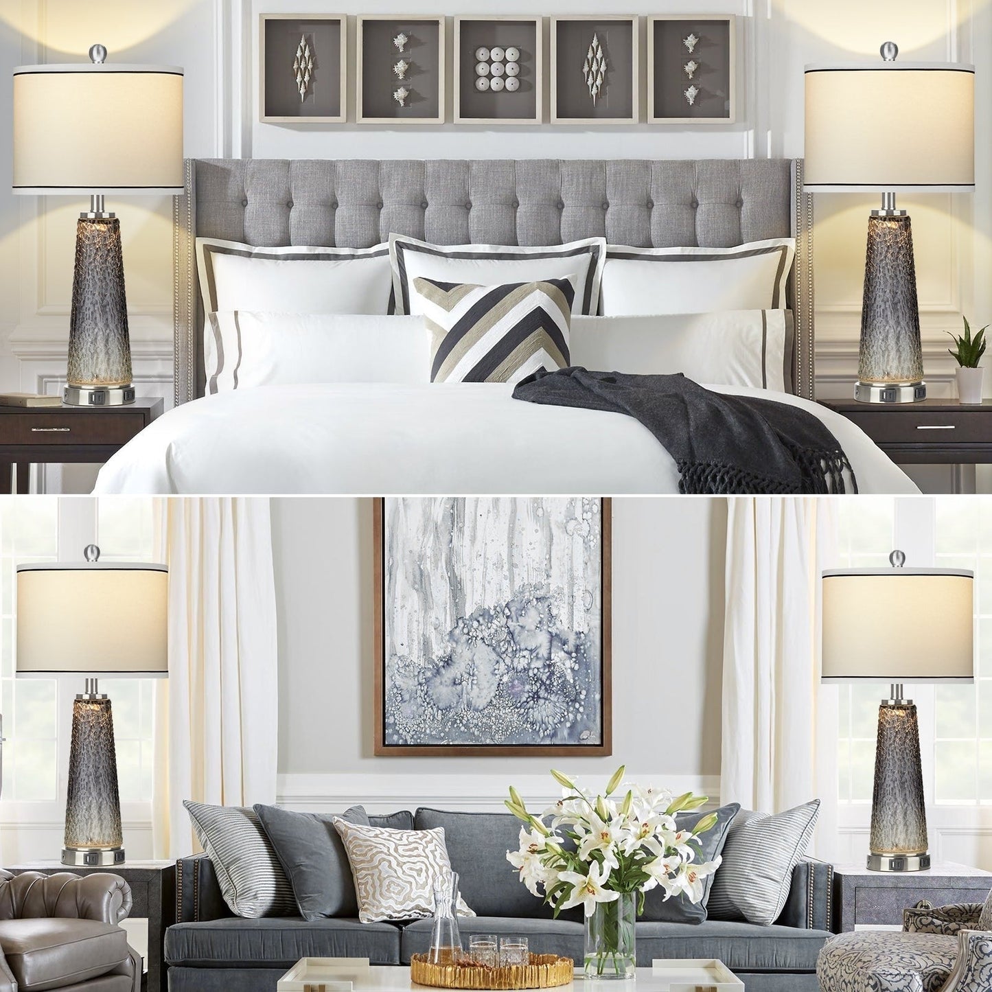 Lampes de table veilleuses 2 en 1 en verre gris avec ports de chargement et interrupteur tactile bidirectionnel (lot de 2) - 30,5 cm x 30,5 cm x 66 cm (L x l x H)