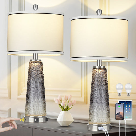 Lampes de table veilleuses 2 en 1 en verre gris avec ports de chargement et interrupteur tactile bidirectionnel (lot de 2) - 30,5 cm x 30,5 cm x 66 cm (L x l x H)