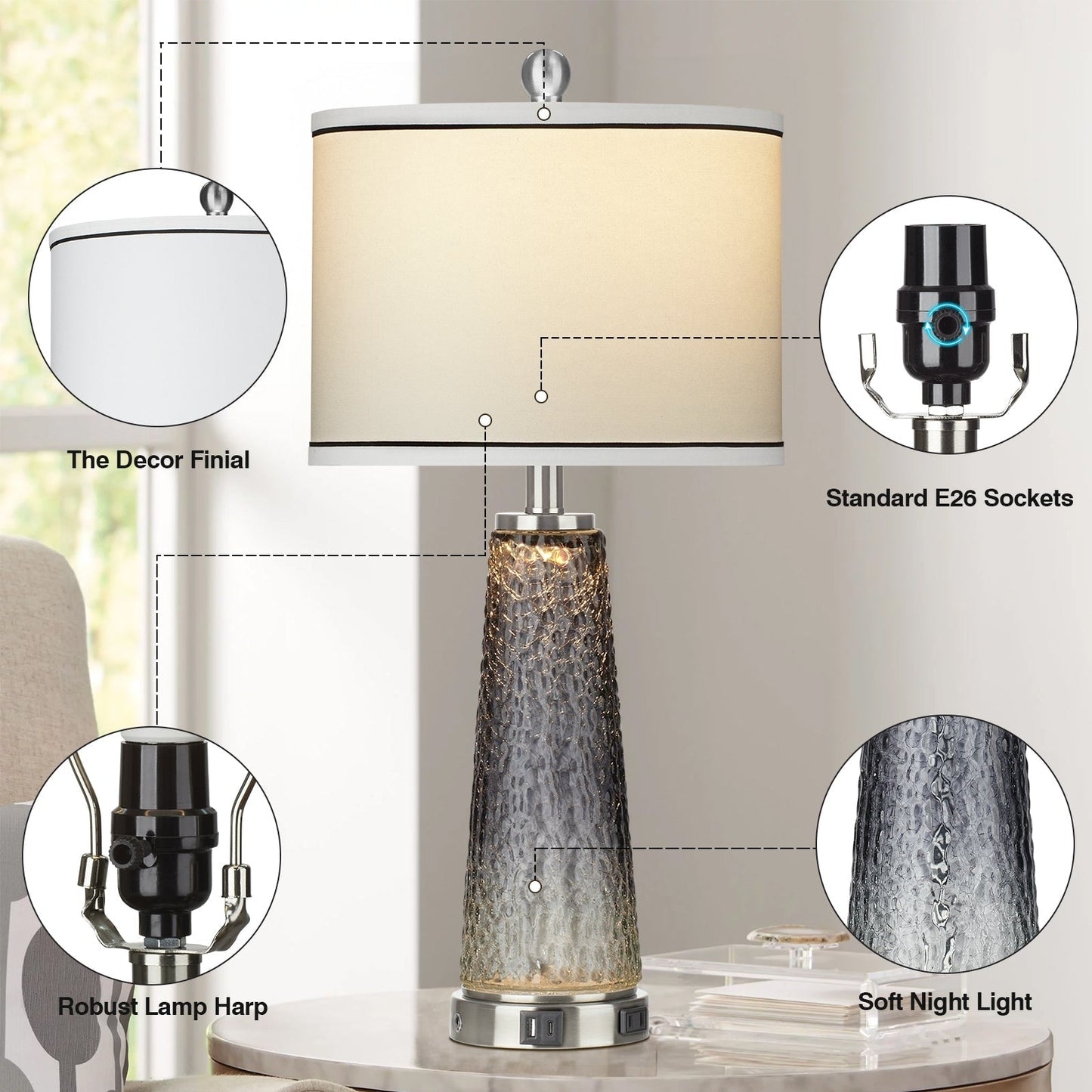 Lampes de table veilleuses 2 en 1 en verre gris avec ports de chargement et interrupteur tactile bidirectionnel (lot de 2) - 30,5 cm x 30,5 cm x 66 cm (L x l x H)