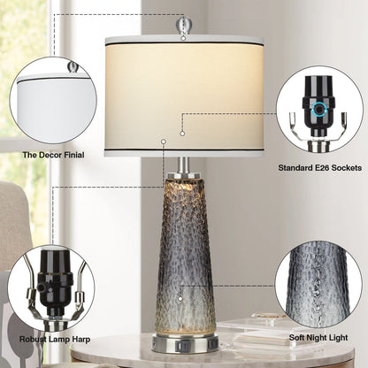 Lampes de table veilleuses 2 en 1 en verre gris avec ports de chargement et interrupteur tactile bidirectionnel (lot de 2) - 30,5 cm x 30,5 cm x 66 cm (L x l x H)