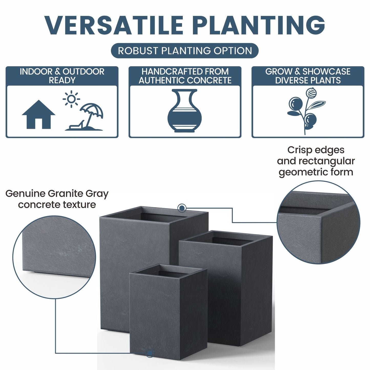 Jardinières rectangulaires hautes en béton / Grands bacs à fleurs d'intérieur et d'extérieur