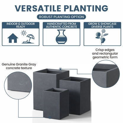 Jardinières rectangulaires hautes en béton / Grands bacs à fleurs d'intérieur et d'extérieur