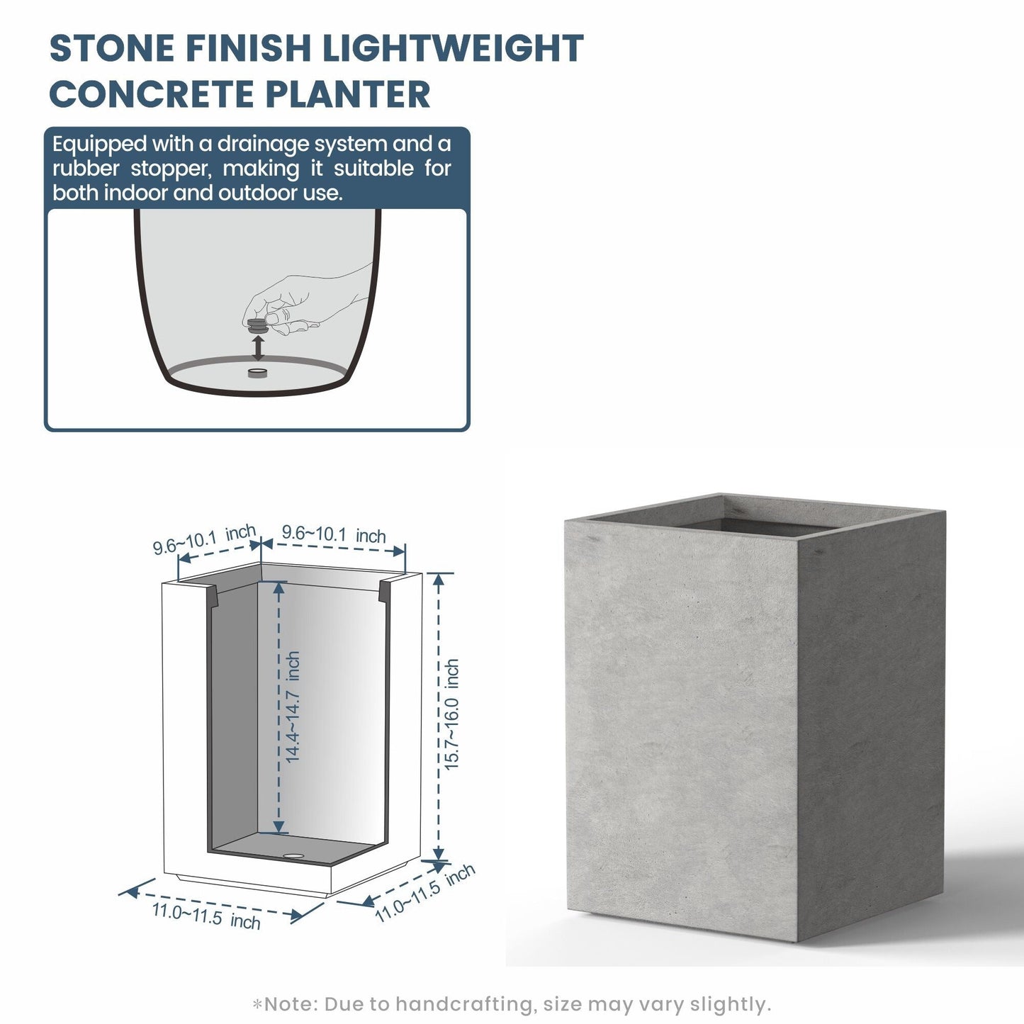 Jardinières rectangulaires hautes en béton / Grands bacs à fleurs d'intérieur et d'extérieur