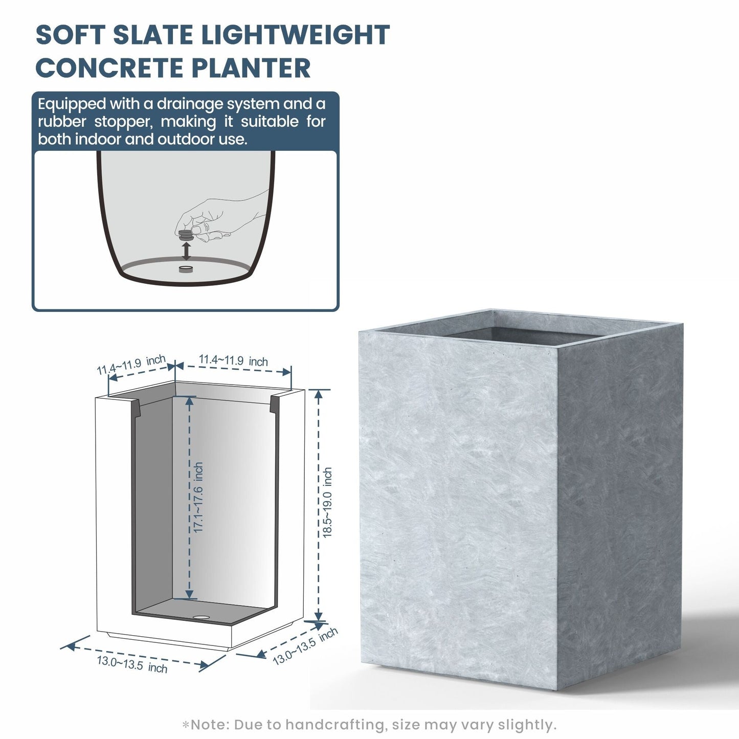 Jardinières rectangulaires hautes en béton / Grands bacs à fleurs d'intérieur et d'extérieur