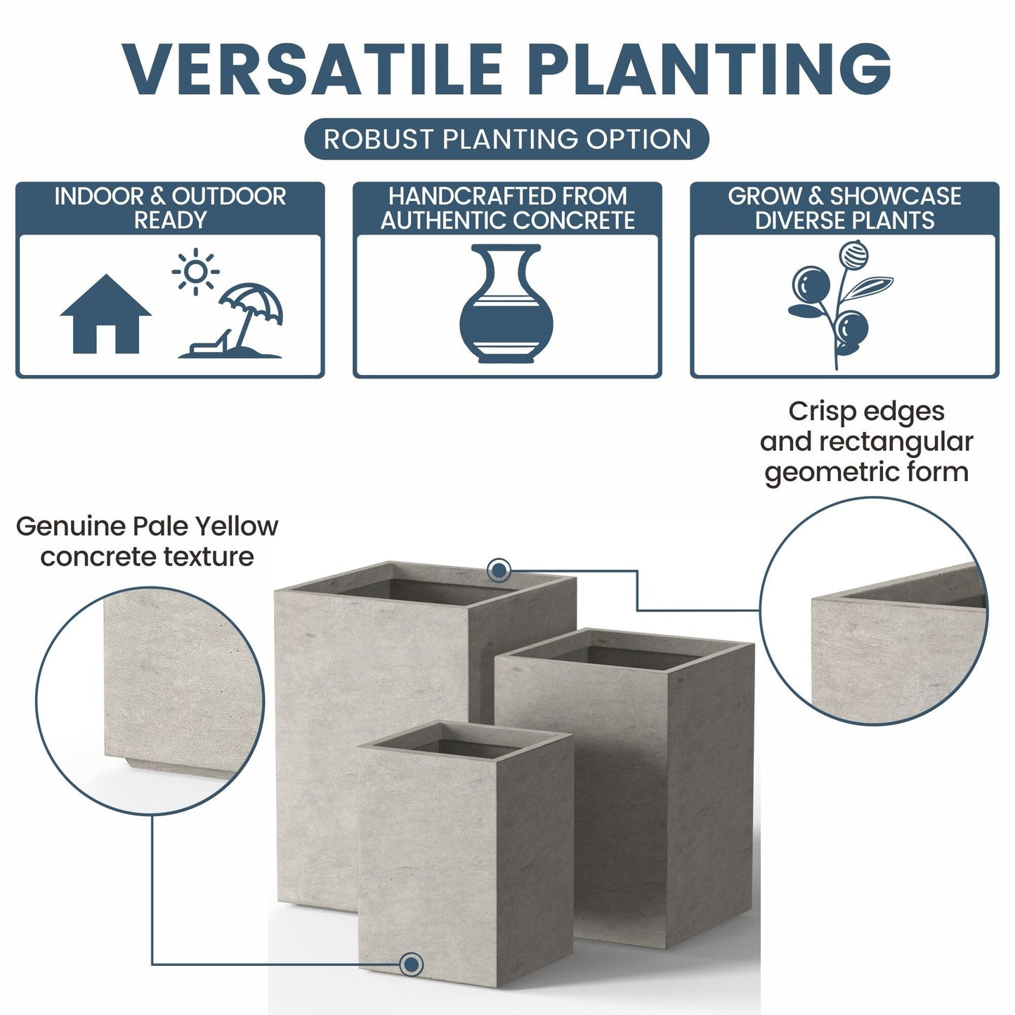 Jardinières rectangulaires hautes en béton / Grands bacs à fleurs d'intérieur et d'extérieur