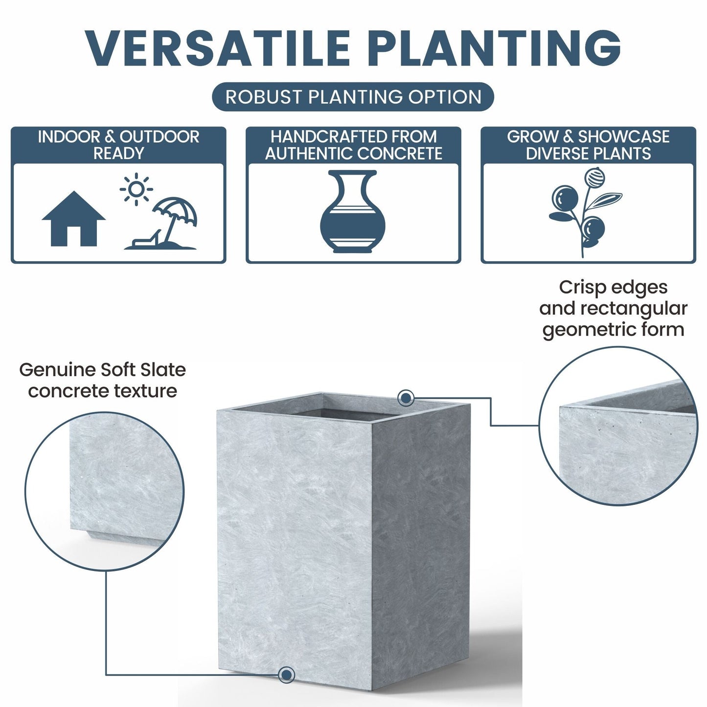 Jardinières rectangulaires hautes en béton / Grands bacs à fleurs d'intérieur et d'extérieur