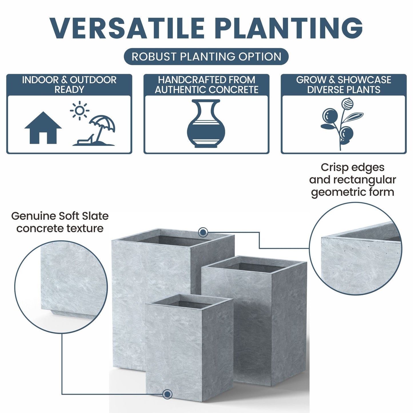 Jardinières rectangulaires hautes en béton / Grands bacs à fleurs d'intérieur et d'extérieur