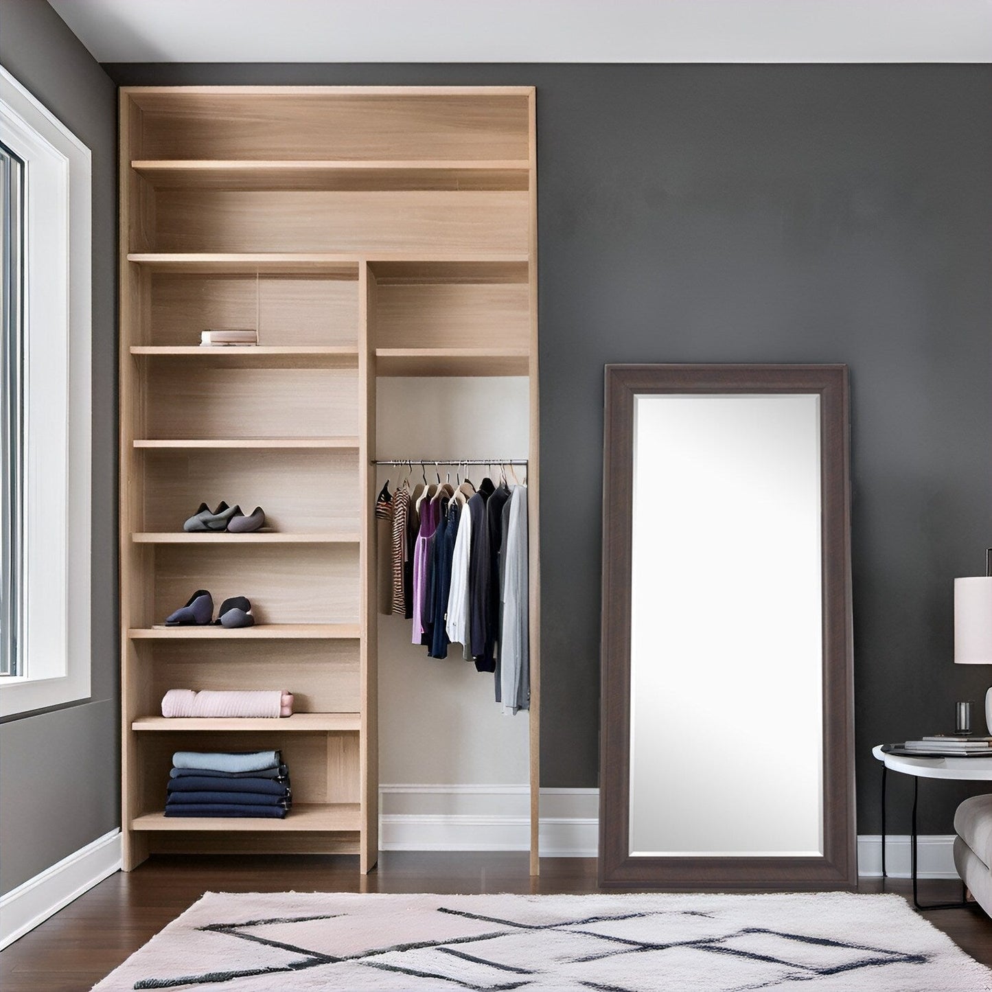 Miroir haut, miroir surdimensionné, cadre lisse en imitation bois, miroir rectangulaire mural