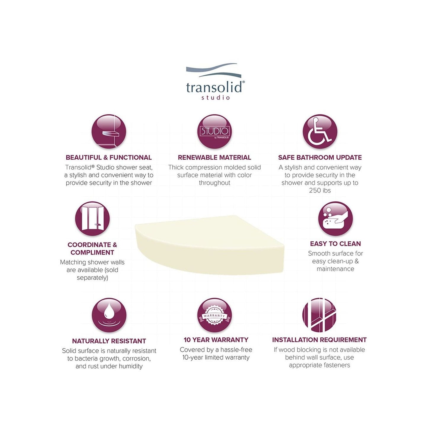 Siège de douche d'angle mural en surface solide Transolid Studio 14 po x 14 po - 14,5 po x 14,25 po x 3 po