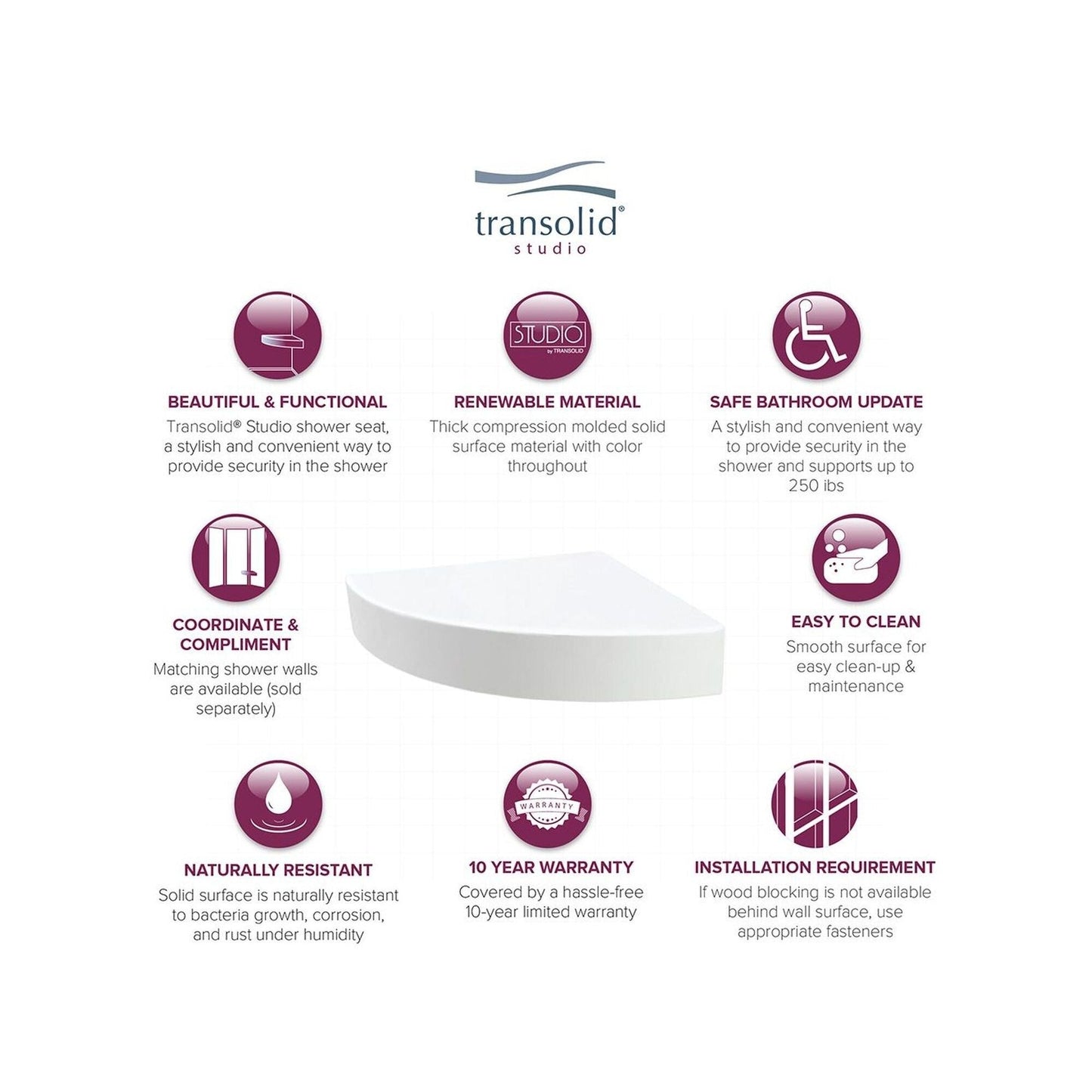 Siège de douche d'angle mural en surface solide Transolid Studio 14 po x 14 po - 14,5 po x 14,25 po x 3 po