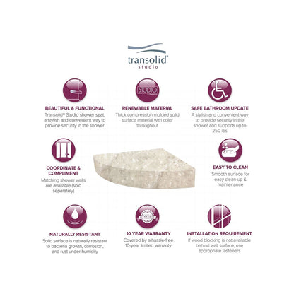 Siège de douche d'angle mural en surface solide Transolid Studio 14 po x 14 po - 14,5 po x 14,25 po x 3 po