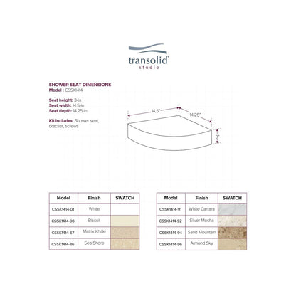 Siège de douche d'angle mural en surface solide Transolid Studio 14 po x 14 po - 14,5 po x 14,25 po x 3 po