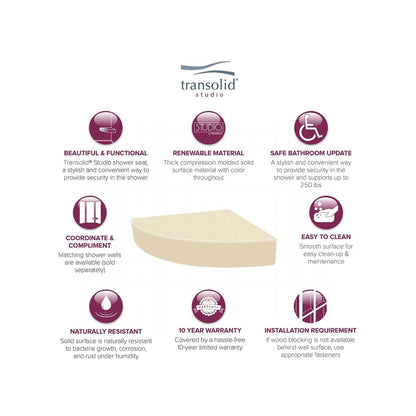 Siège de douche d'angle mural en surface solide Transolid Studio 14 po x 14 po - 14,5 po x 14,25 po x 3 po