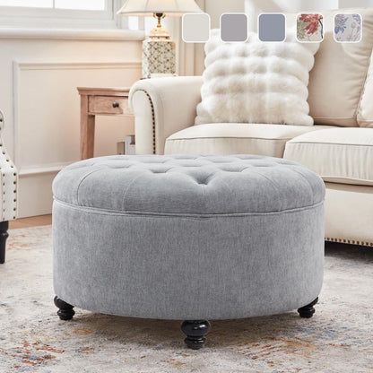Pouf de rangement rond capitonné grand format, repose-pieds beige/gris/bleu
