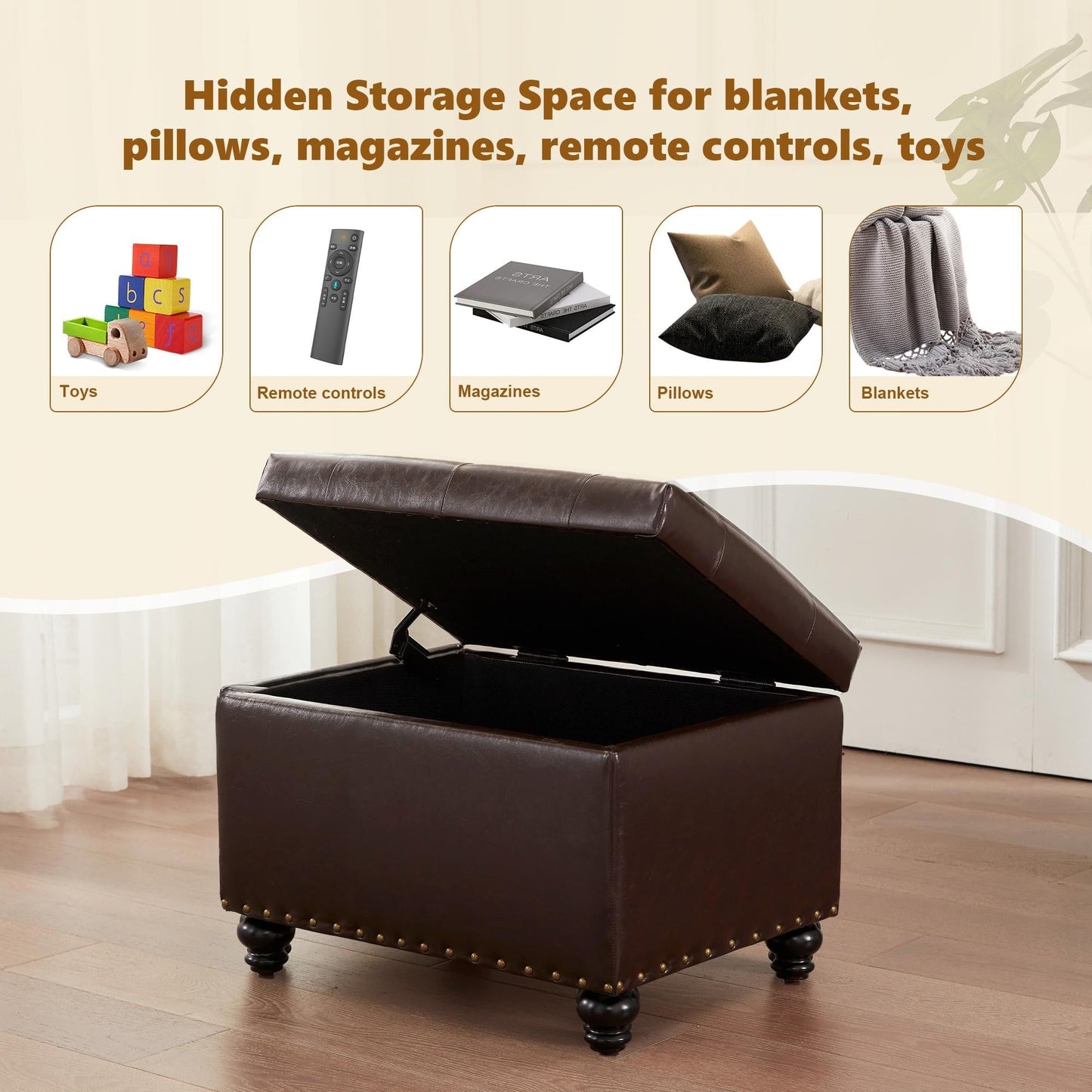 Banc ottoman de rangement capitonné, repose-pieds rectangulaire