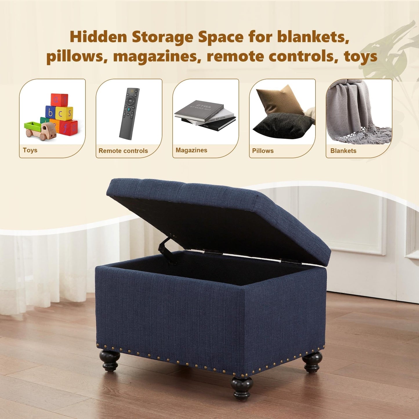 Banc ottoman de rangement capitonné, repose-pieds rectangulaire