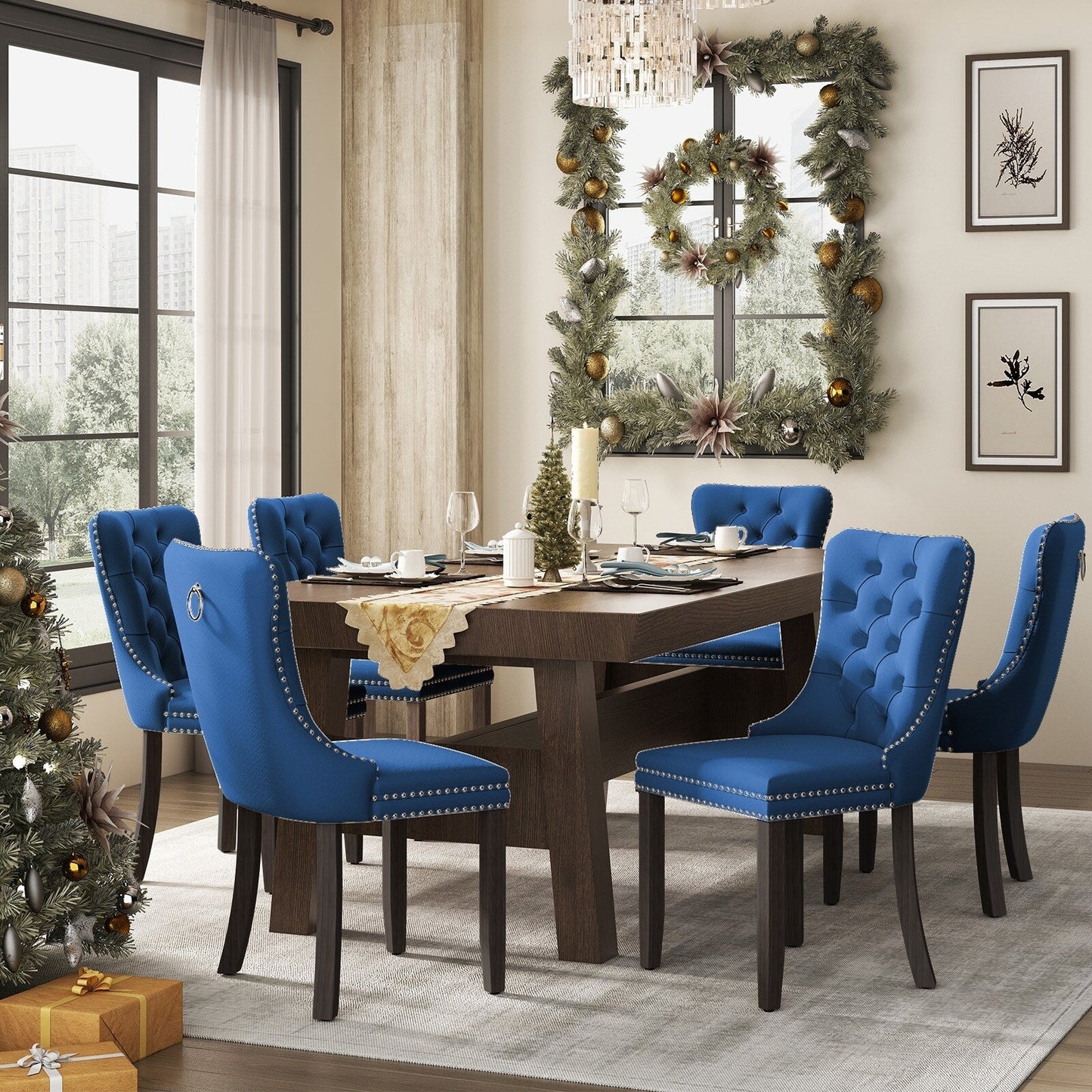 Ensemble de 6 chaises de salle à manger capitonnées en velours avec pieds en bois massif