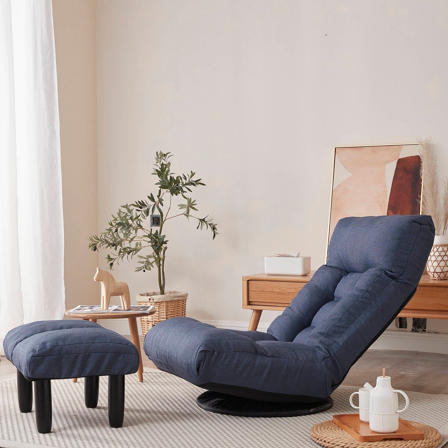 Ensemble de fauteuil inclinable rembourré sans accoudoirs avec pouf et appui-tête réglable