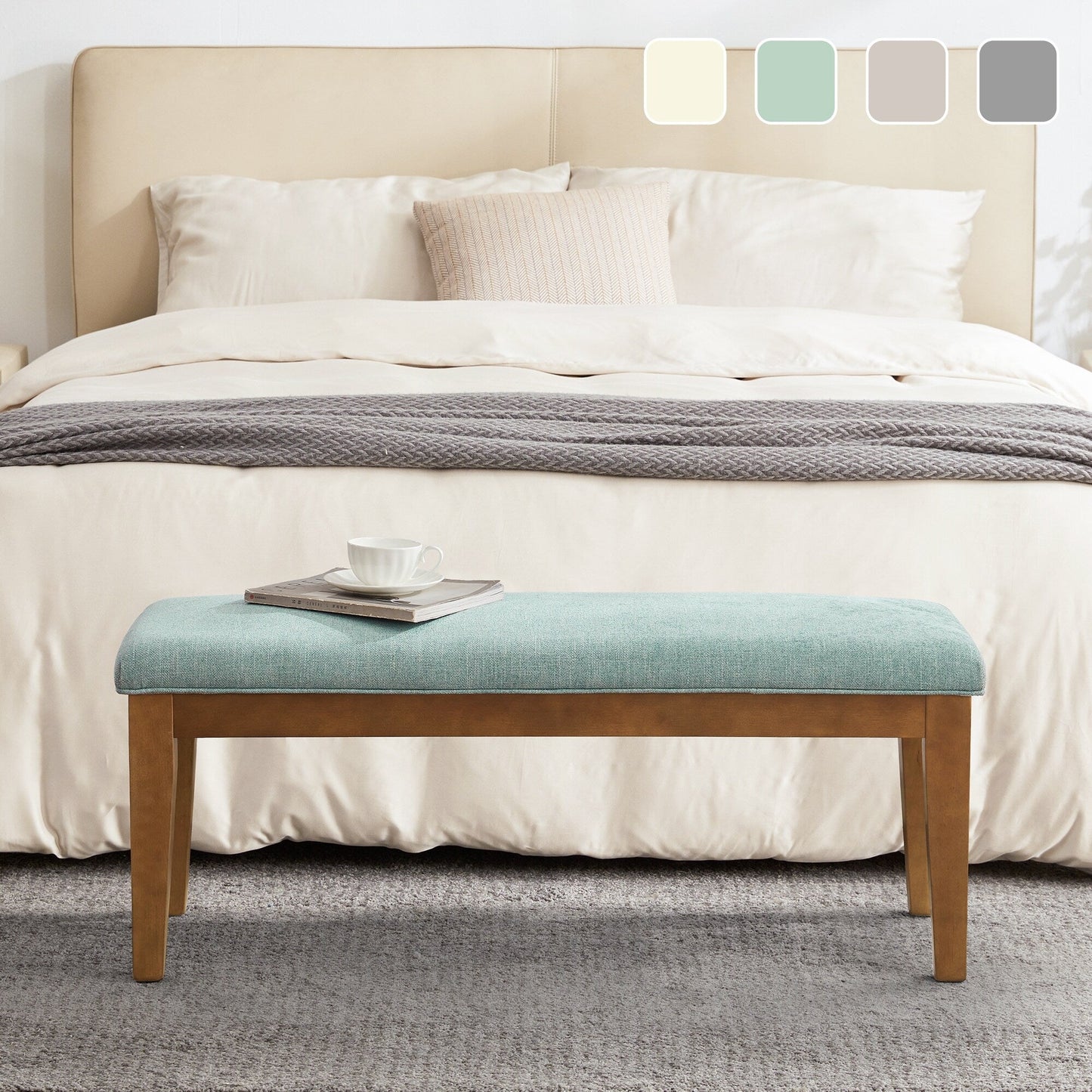Banc d'entrée rembourré en tissu, banc de chambre à coucher pour pied de lit, beige, bois massif, 112 cm (44 pouces)